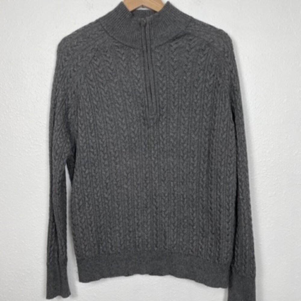 LINK Grey Cashmere & Angora Cotton Blend 1/4 Zip Cable knit Sweater Size: XL - Picture 2 of 7